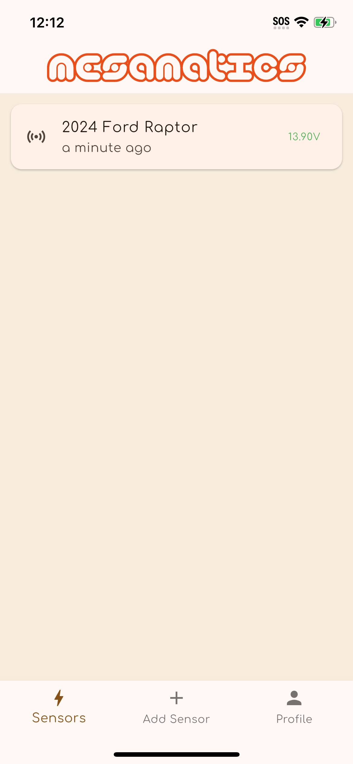 Sensor list view in the companion app